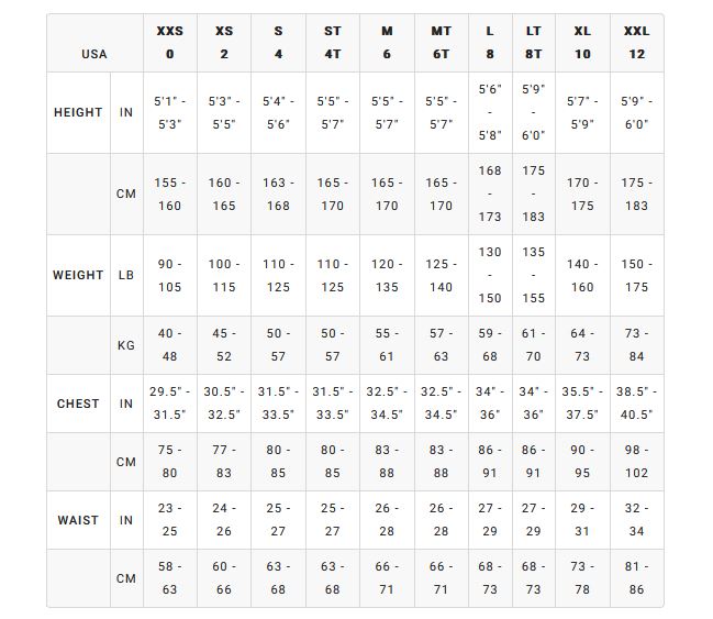 Billabong US Womens Wetsuit 0 Size Chart